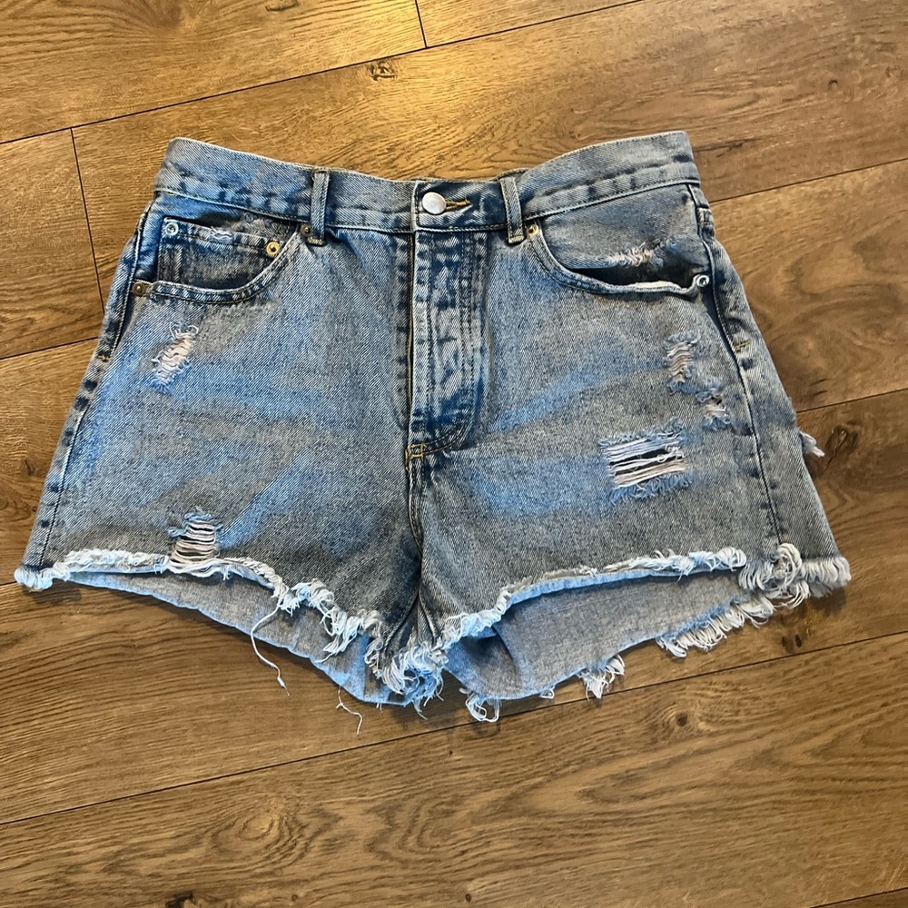 High-Rise Distressed Denim Shorts - Light Blue